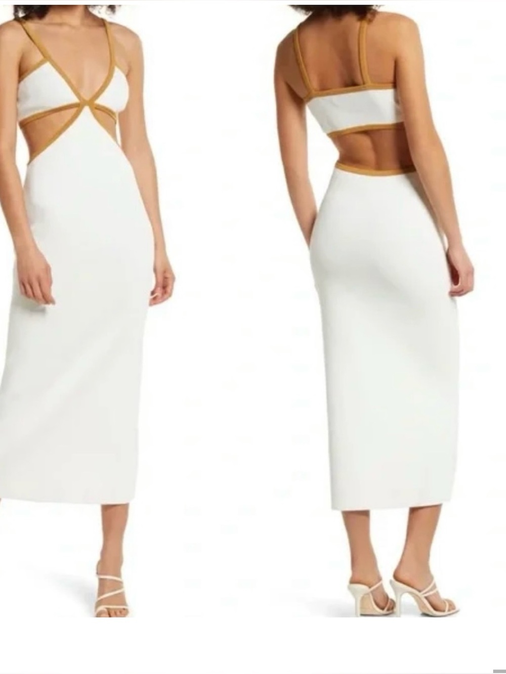 White Backless Maxi Dress with Tan Trim